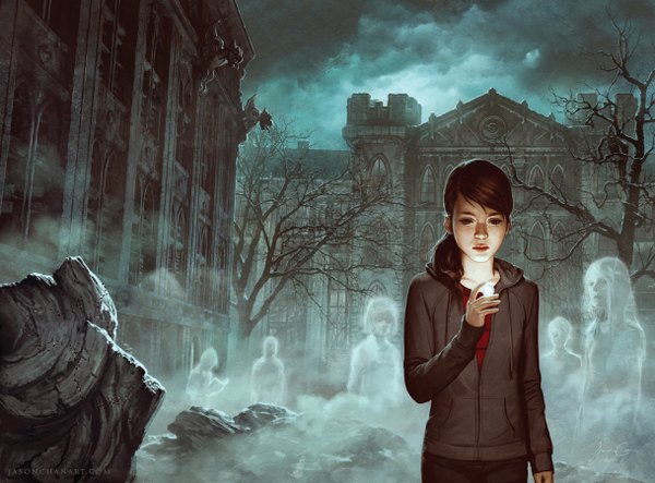 Anime picture 1218x900 with original jason chan long hair brown hair brown eyes cloud (clouds) night sky ghost ruins fog gargoyle girl plant (plants) tree (trees) castle