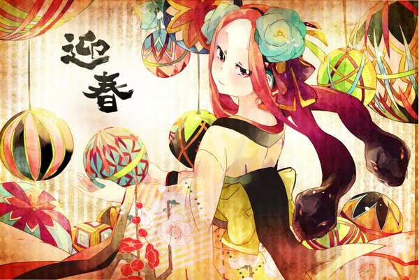 Anime picture 2053x1378 with original chibiibiru single long hair blush highres red eyes red hair traditional clothes japanese clothes looking back from behind floral print hieroglyph girl hair ornament kimono headphones ball snake