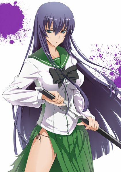 Anime picture 800x1139 with highschool of the dead madhouse busujima saeko prime single long hair tall image breasts blue eyes looking away purple hair torn clothes serious girl skirt uniform bow weapon shirt sword