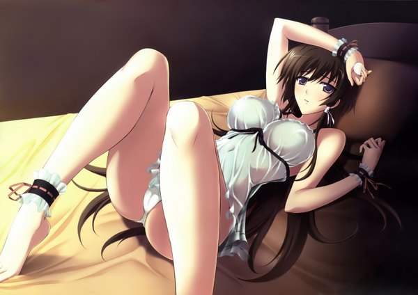 Anime picture 2970x2100 with muvluv total eclipse muv-luv takamura yui ishigaki takashi single long hair looking at viewer blush highres breasts light erotic black hair large breasts purple eyes bare shoulders barefoot spread legs erect nipples covered nipples cameltoe