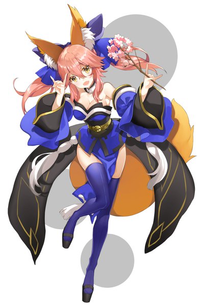 Anime picture 1000x1506 with fate (series) fate/extra tamamo (fate) (all) tamamo no mae (fate) shiosoda single long hair tall image fringe open mouth hair between eyes standing white background twintails bare shoulders animal ears yellow eyes payot pink hair cleavage