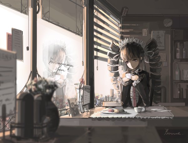 Anime picture 1400x1067 with dangan ronpa celestia ludenberg qianqian single long hair black hair red eyes looking away drill hair reflection girl dress flower (flowers) food frills window sweets cup cookie (cookies) macaron