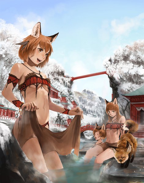 Anime picture 785x1000 with original somehira katsu long hair tall image looking at viewer blush short hair breasts open mouth light erotic smile brown hair standing sitting multiple girls holding brown eyes animal ears looking away sky