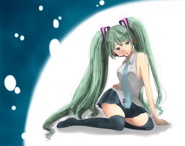 Anime picture 1616x1276 with vocaloid hatsune miku single fringe sitting bare shoulders very long hair nail polish aqua eyes aqua hair girl thighhighs skirt black thighhighs detached sleeves necktie headphones microphone
