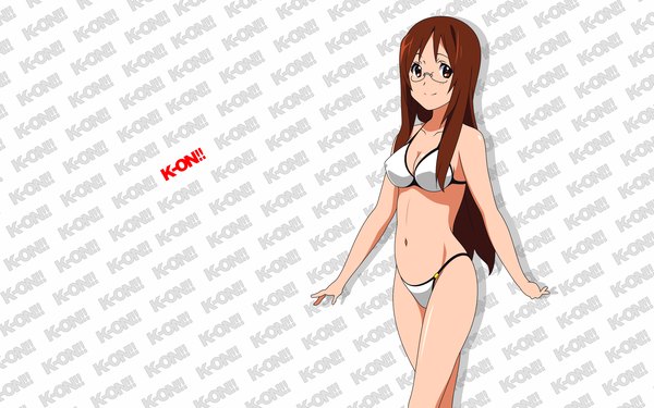 Anime picture 1920x1200 with k-on! kyoto animation yamanaka sawako single long hair highres light erotic brown hair wide image brown eyes girl navel swimsuit bikini glasses white bikini