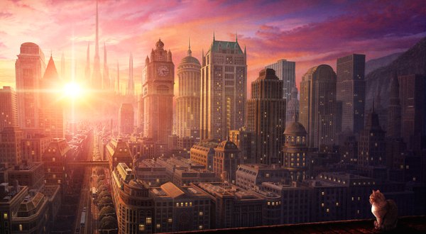 Anime picture 1360x750 with original wescap1 wide image sky cloud (clouds) city evening sunset cityscape mountain no people city lights panorama animal building (buildings) cat clock ground vehicle sun skyscraper