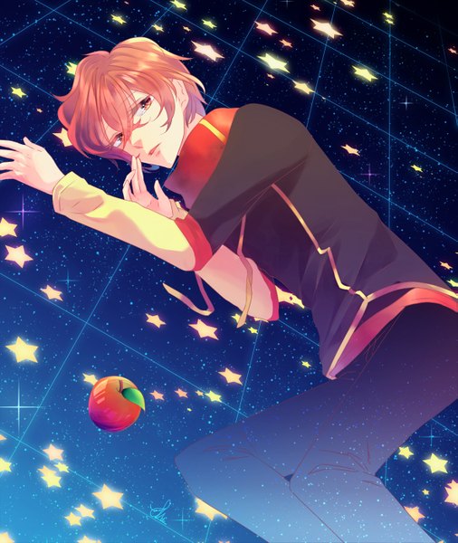 Anime picture 1181x1401 with original sheryu single tall image short hair looking away lying orange hair night orange eyes night sky on side checkered floor floor space boy star (symbol) star (stars) sweater fruit