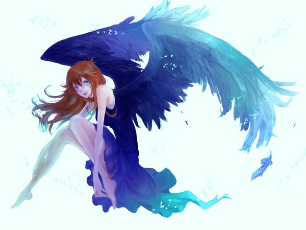 Anime picture 2000x1500 with original omi single long hair looking at viewer fringe highres open mouth blue eyes simple background brown hair white background barefoot bare legs happy angel wings girl dress wings black dress