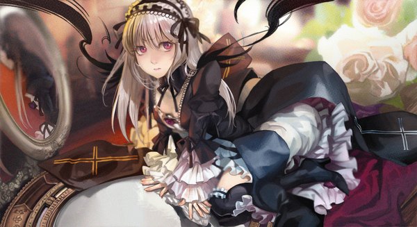 Anime picture 3300x1800 with rozen maiden suigintou moruga single long hair looking at viewer highres wide image silver hair pink eyes girl dress flower (flowers) frills hairband thigh boots