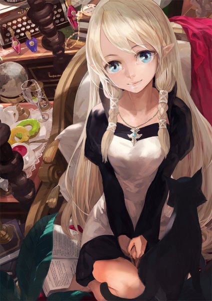 Anime picture 741x1048 with original toro long hair tall image looking at viewer blue eyes sitting white hair pointy ears girl dress animal food book (books) cat doughnut