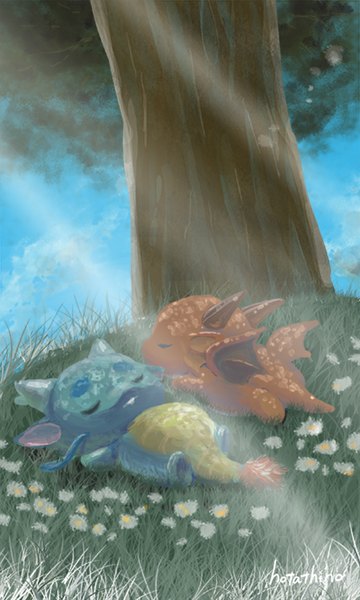 Anime picture 700x1167 with pokemon nintendo tathino tall image sky cloud (clouds) eyes closed sunlight sleeping no people sunbeam flower (flowers) plant (plants) tree (trees) grass chamomile