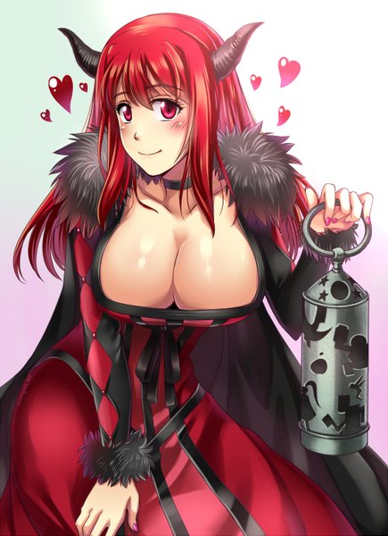 Anime picture 1000x1379 with maoyuu maou yuusha arms corporation maou (maoyuu) arseniquez long hair tall image blush breasts light erotic smile red eyes large breasts red hair horn (horns) girl dress heart