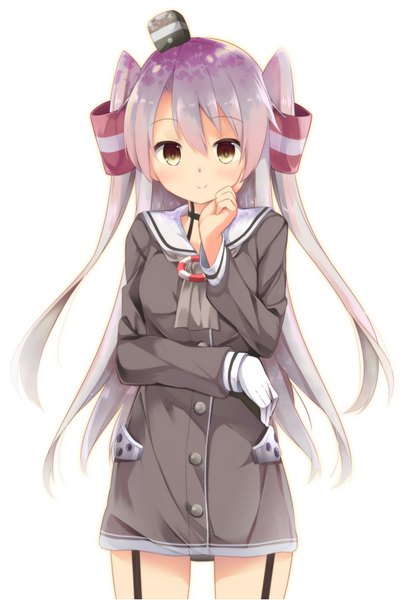Anime picture 1199x1789 with kantai collection amatsukaze destroyer shiina yuuki single long hair tall image looking at viewer simple background smile white background brown eyes silver hair two side up girl hair ornament hat hair tubes sailor suit mini hat mini top hat