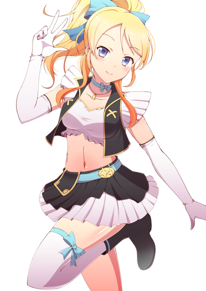 Anime picture 1190x1684 with love live! school idol project sunrise (studio) love live! ayase eli ookami maito single long hair tall image looking at viewer blush blue eyes blonde hair white background ponytail girl thighhighs dress skirt gloves navel