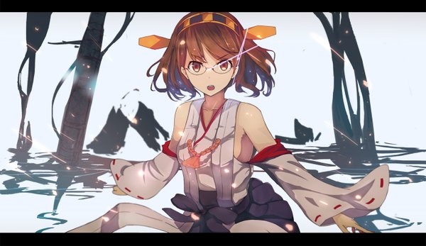 Anime picture 1400x810 with kantai collection kirishima battleship punicaeae single looking at viewer short hair open mouth brown hair wide image brown eyes traditional clothes japanese clothes letterboxed nontraditional miko girl glasses