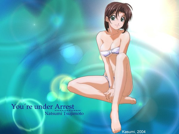 Anime picture 1024x768 with you're under arrest studio deen single short hair light erotic sitting green eyes covering crotch girl swimsuit bikini white bikini