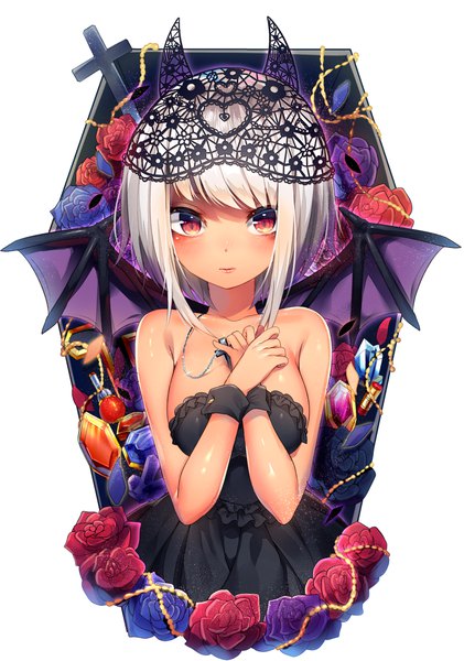 Anime picture 1000x1425 with original ntk (7t5) single tall image looking at viewer blush short hair breasts light erotic simple background large breasts white background bare shoulders payot silver hair upper body parted lips dark skin bat wings girl