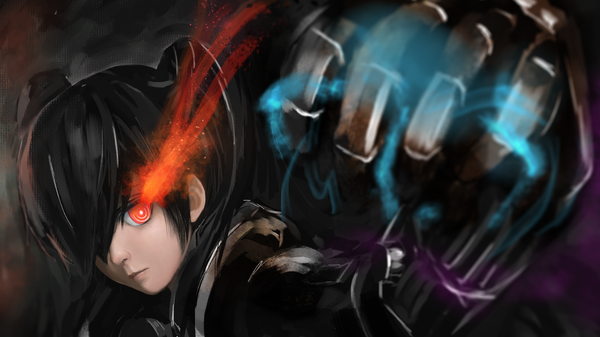 Anime picture 1920x1080 with black rock shooter black rock shooter (character) aki99 single long hair looking at viewer fringe highres black hair red eyes wide image hair over one eye glowing close-up glowing eye (eyes) girl gloves hand