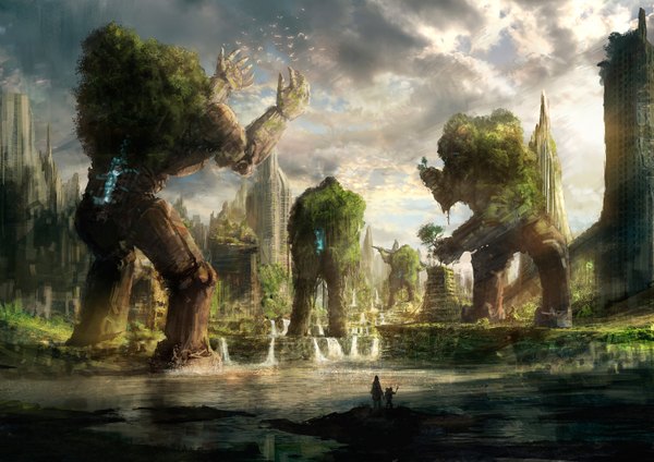 Anime picture 3000x2122 with original you shimizu highres standing sky from behind sunlight shadow outstretched arm holding hands ruins waterfall giant plant (plants) animal tree (trees) water bird (birds) building (buildings) grass