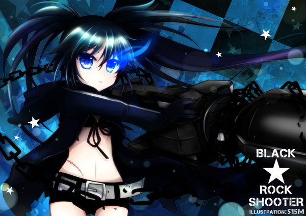Anime picture 3507x2480 with black rock shooter vocaloid black rock shooter (character) kuroi mato highres twintails absurdres glowing scar glowing eye (eyes) checkered background girl weapon gun