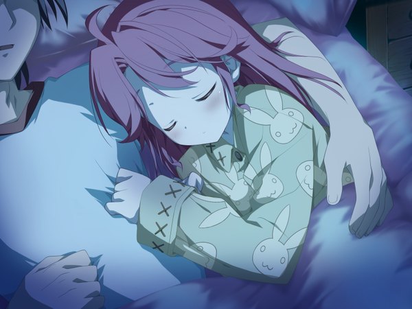 Anime picture 1600x1200 with hoshizora no memoria kogasaka chinami shida kazuhiro blush game cg hug solo focus sleeping under covers girl boy pajamas