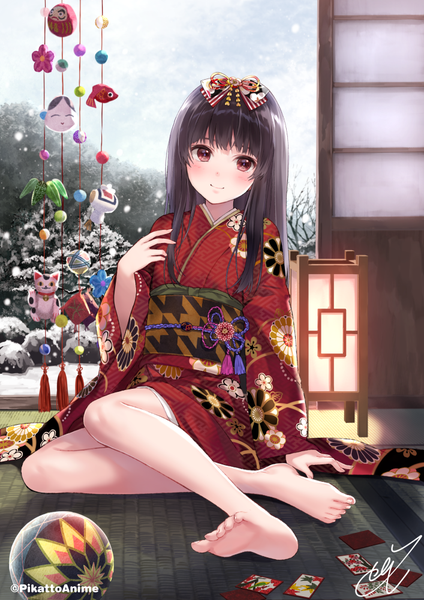 Anime picture 707x1000 with original fukahire (ruinon) single long hair tall image looking at viewer blush black hair red eyes sitting signed indoors traditional clothes japanese clothes barefoot light smile bare legs snowing soles snow