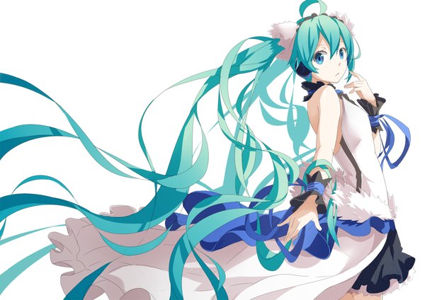 Anime picture 2000x1414 with 7th dragon vocaloid hatsune miku masabodo single looking at viewer highres blue eyes simple background white background twintails bare shoulders very long hair aqua hair girl dress headdress