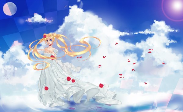 Anime picture 2200x1350 with bishoujo senshi sailor moon toei animation tsukino usagi princess serenity pou-bee single highres blue eyes blonde hair wide image twintails sky cloud (clouds) hair flower wind reflection crescent checkered girl dress