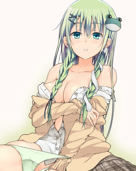 Anime picture 1300x1638 with touhou kochiya sanae haine single long hair tall image looking at viewer breasts light erotic bare shoulders green eyes braid (braids) green hair open clothes open shirt girl hair ornament underwear panties hair tubes