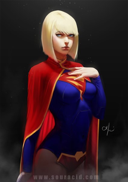 Anime picture 666x942 with dc comics supergirl souracid (artist) single tall image looking at viewer fringe short hair breasts blonde hair simple background standing signed lips realistic watermark hand on chest black background fog superhero