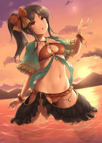 Anime picture 900x1260 with original sasaame single long hair tall image breasts open mouth light erotic black hair red eyes looking away sky cloud (clouds) side ponytail evening sunset mountain girl navel bow