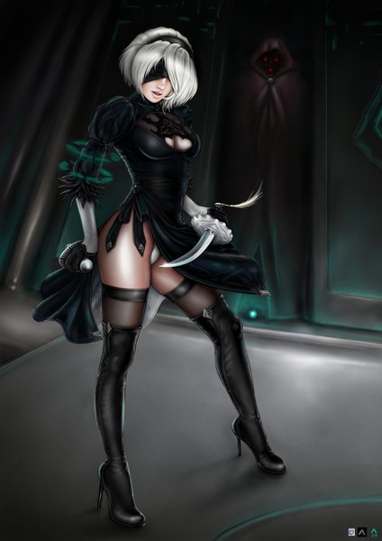 Anime picture 1800x2546 with nier nier:automata yorha no. 2 type b aless0074 single tall image highres short hair light erotic standing silver hair full body mole high heels side slit cleavage cutout mole under mouth blindfold girl thighhighs