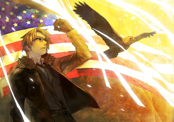 Anime picture 2952x2066 with axis powers hetalia studio deen america (hetalia) shishio (pixiv) highres short hair blonde hair looking away aqua eyes fur trim boy gloves uniform animal glasses necktie jacket bird (birds) fur flag