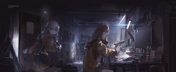 Anime picture 2000x825 with original renatus z long hair looking at viewer fringe highres red eyes brown hair wide image sitting multiple girls holding brown eyes looking away white hair indoors long sleeves light dark background trigger discipline