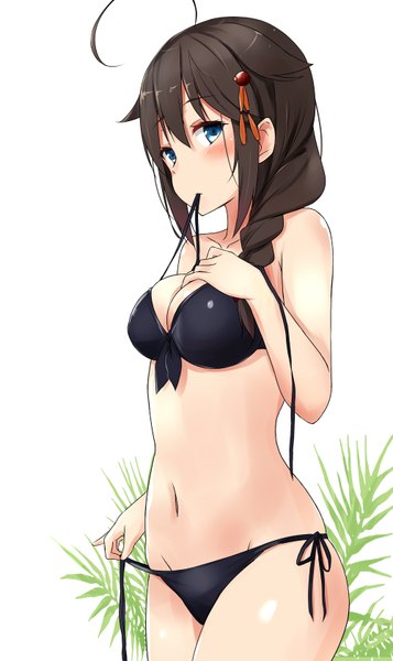 Anime picture 2000x3360 with kantai collection shigure destroyer saku (kudrove) single long hair tall image looking at viewer blush fringe highres breasts blue eyes light erotic black hair simple background hair between eyes large breasts standing white background bare shoulders