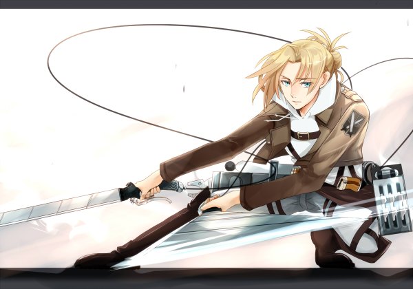 Anime picture 1200x840 with shingeki no kyojin production i.g annie leonhart single looking at viewer short hair blue eyes blonde hair white background holding dual wielding girl uniform weapon sword jacket boots pants military uniform