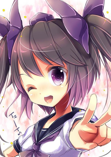 Anime picture 1018x1440 with touhou himekaidou hatate uta (kuroneko) single long hair tall image looking at viewer blush open mouth brown hair purple eyes one eye closed wink two side up alternate costume hand on hip victory girl uniform bow