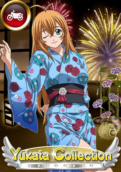 Anime picture 567x800 with ikkitousen sonsaku hakufu single long hair tall image looking at viewer fringe blonde hair smile hair between eyes payot ahoge traditional clothes japanese clothes one eye closed aqua eyes wink wide sleeves floral print arm behind back