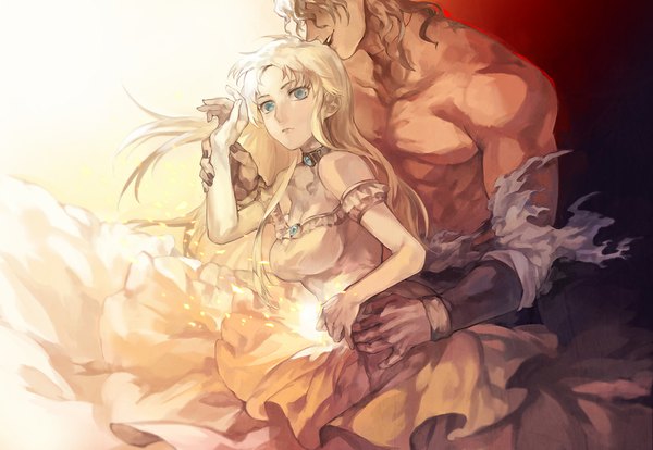 Anime picture 1000x691 with jojo no kimyou na bouken dio brando erina pendleton oburaato long hair looking at viewer fringe short hair blue eyes blonde hair smile bare shoulders holding nail polish parted lips profile mole hug torn clothes glowing