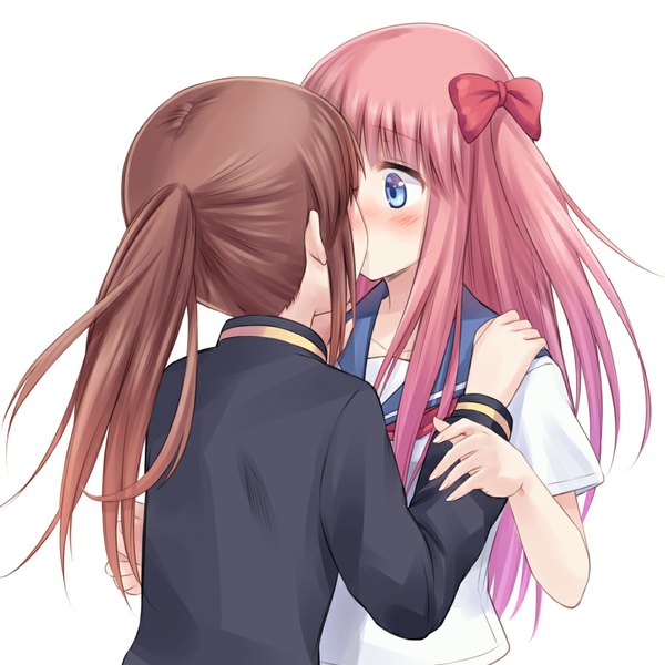 Anime picture 1000x1000 with saki haramura nodoka takakamo shizuno suzushiro yukari long hair blush blue eyes simple background brown hair white background multiple girls pink hair ponytail shoujo ai kiss girl 2 girls serafuku