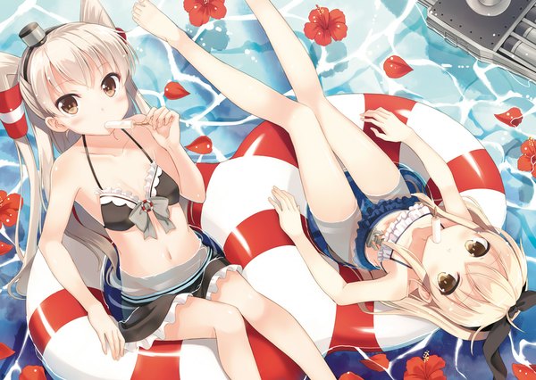 Anime picture 1126x800 with kantai collection shimakaze destroyer amatsukaze destroyer hyuuga azuri long hair looking at viewer blush light erotic blonde hair sitting multiple girls white hair barefoot from above bare belly bare legs two side up looking up afloat girl