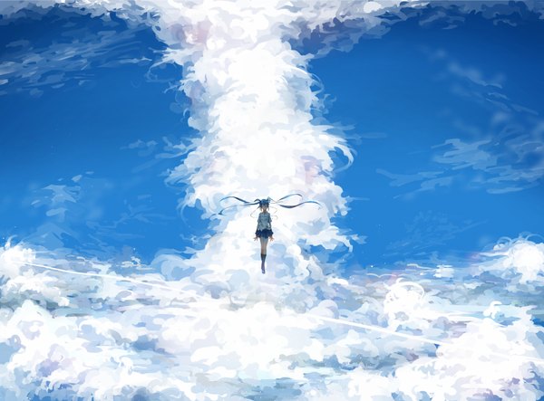 Anime picture 3195x2364 with vocaloid hatsune miku kazu (honoburo) single highres twintails absurdres sky cloud (clouds) eyes closed very long hair aqua hair scenic weightlessness girl skirt miniskirt shirt socks black socks