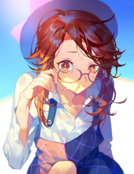 Anime picture 639x827 with touhou usami sumireko yamakawa single long hair tall image looking at viewer fringe red eyes signed red hair sweat light shaded face sweatdrop arm behind back messy hair adjusting glasses girl hat