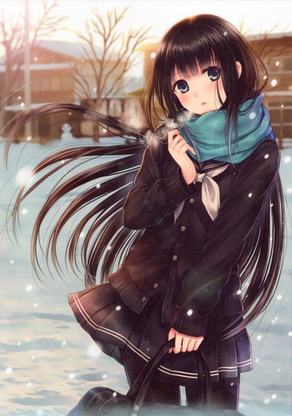 Anime picture 2461x3500 with ayame no machi to ohimesama kazuharu kina single long hair tall image looking at viewer blush fringe highres open mouth blue eyes black hair holding pleated skirt arm up snowing winter snow exhalation bare tree