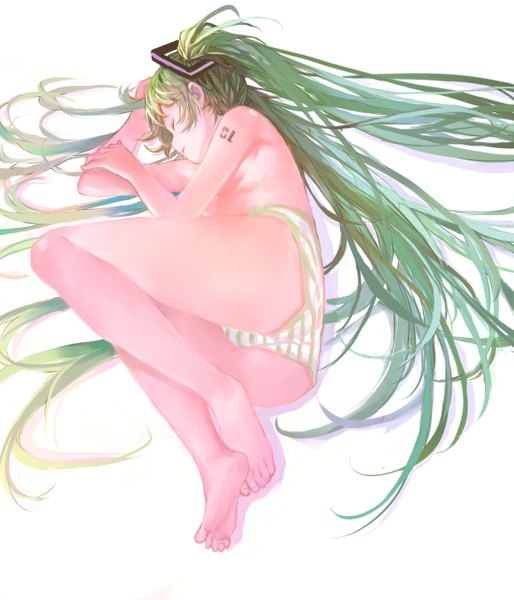 Anime picture 1200x1400 with vocaloid hatsune miku zrero single tall image fringe light erotic simple background white background twintails ass lying eyes closed very long hair barefoot aqua hair tattoo underwear only on side topless