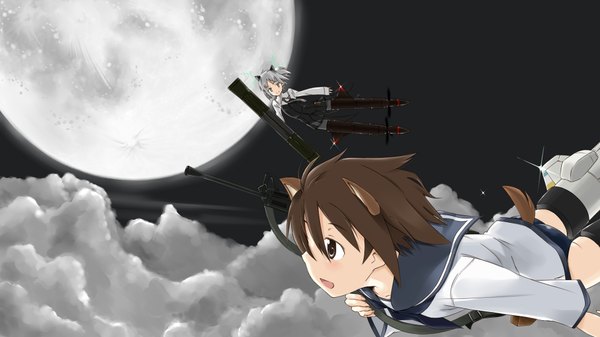 Anime picture 1920x1080 with strike witches miyafuji yoshika sanya v. litvyak mousou (mousou temporary) highres short hair smile brown hair wide image multiple girls brown eyes green eyes animal ears sky silver hair cloud (clouds) tail cat ears flying girl