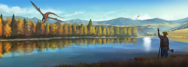 Anime picture 1814x654 with original mgo single wide image sky from behind realistic reflection mountain landscape fantasy scenic river boy plant (plants) hat tree (trees) water building (buildings) grass