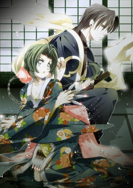 Anime picture 1229x1741 with rurouni kenshin makimachi misao shinomori aoshi long hair tall image short hair open mouth black hair braid (braids) japanese clothes girl boy weapon kimono