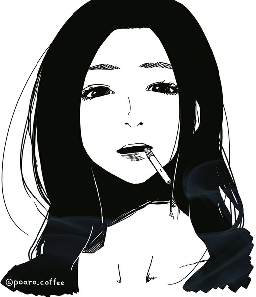 Anime picture 900x1040 with original poaro single long hair tall image looking at viewer open mouth white background signed monochrome portrait smoke sketch girl cigarette