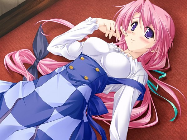 Anime picture 1024x768 with scarlett single long hair purple eyes pink hair game cg light smile on back girl ribbon (ribbons) hair ribbon